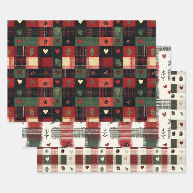 Rustic Red Green Plaid Hearts Christmas Holiday Wrapping Paper Sheets (Set)