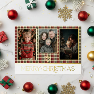 Rustic Red & Green Plaid Merry Christmas Photo Foil Holiday Card