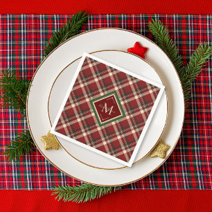 Rustic Red Green Plaid Monogram Christmas Napkins