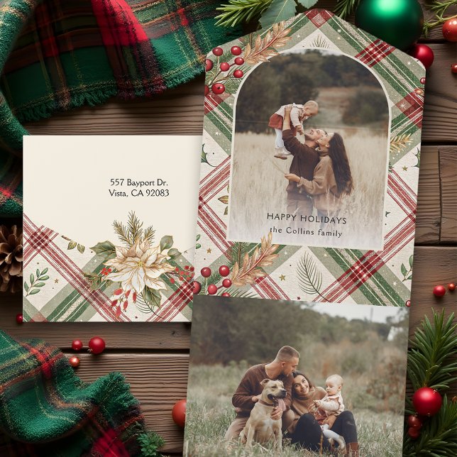 Rustic Red Green Plaid w/Holly Arch 1 Photo All In One Invitation (Creator Uploaded)