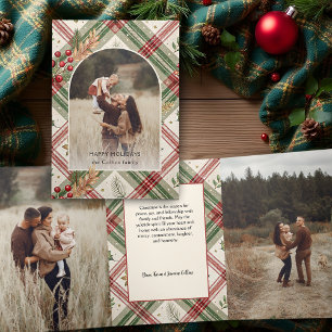 Rustic Red Green Plaid w/Holly Arch 1 Photo Tri-Fold Card
