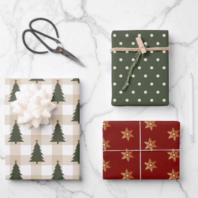 Rustic Red Green Snowflake Christmas Tree Wrapping Wrapping Paper Sheets (Front)