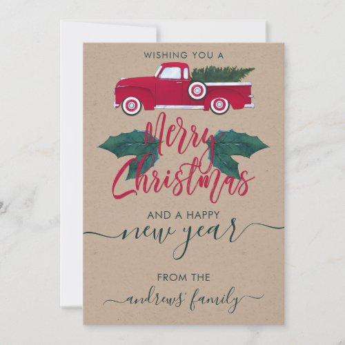 Rustic Red Green Truck Leaves Christmas Party Holiday Card