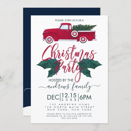 Rustic Red Green Truck Leaves Christmas Party Invitation