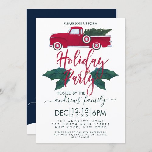 Rustic Red Green Truck Leaves Holiday Party Invitation