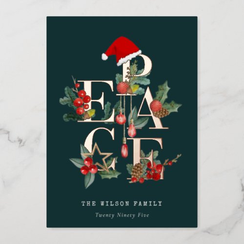 Rustic Red Green White Peace Christmas Foliage Foil Holiday Card