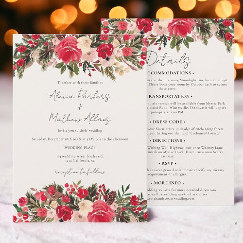 Rustic Red green winter Floral all in one Wedding Invitation