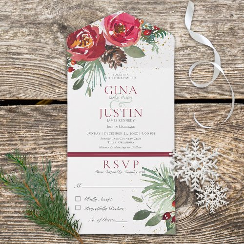 Rustic Red  Green Winter Pine Floral Dinner All In One Invitation