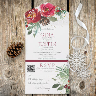 Rustic Red & Green Winter Pine Floral QR Code All In One Invitation