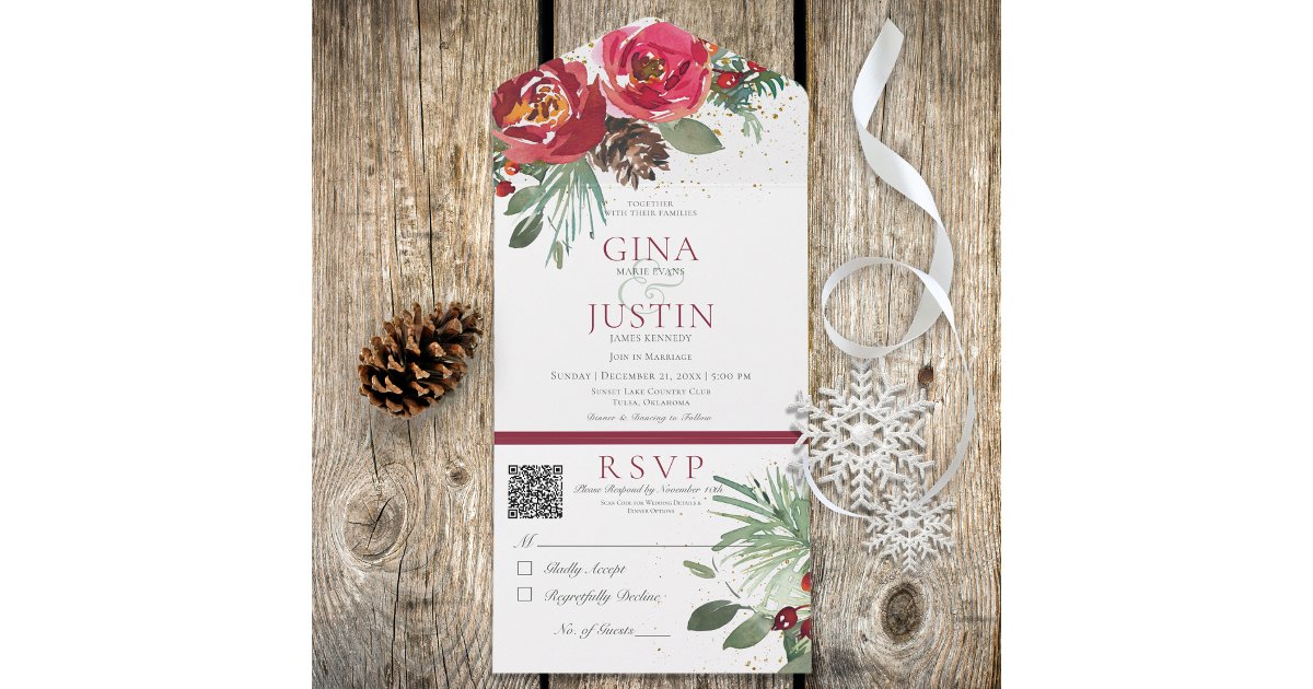 Rustic Red & Green Winter Pine Floral QR Code All In One Invitation ...