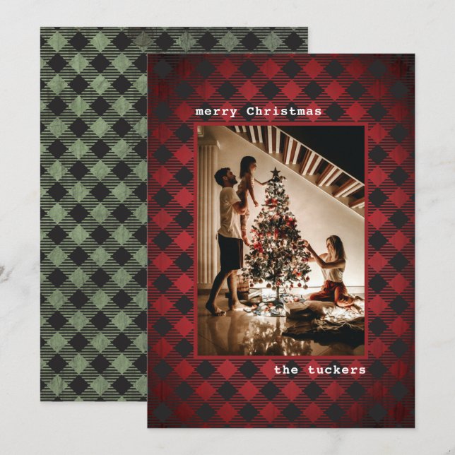 Rustic Red Green Wood & Plaid Photo Christmas Holiday Card (Front/Back)