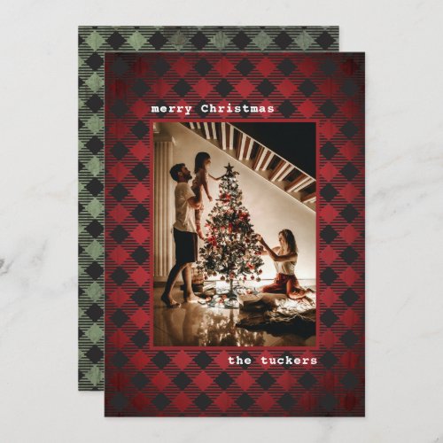 Rustic Red Green Wood  Plaid Photo Christmas Holiday Card