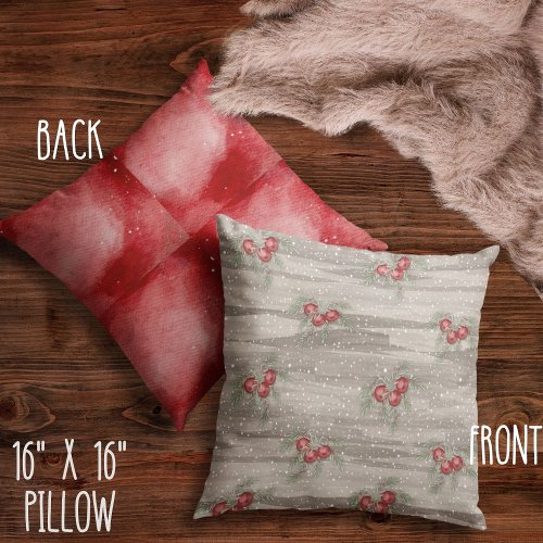 Rustic Red Grey Snowy Berries Botanical Christmas Throw Pillow
