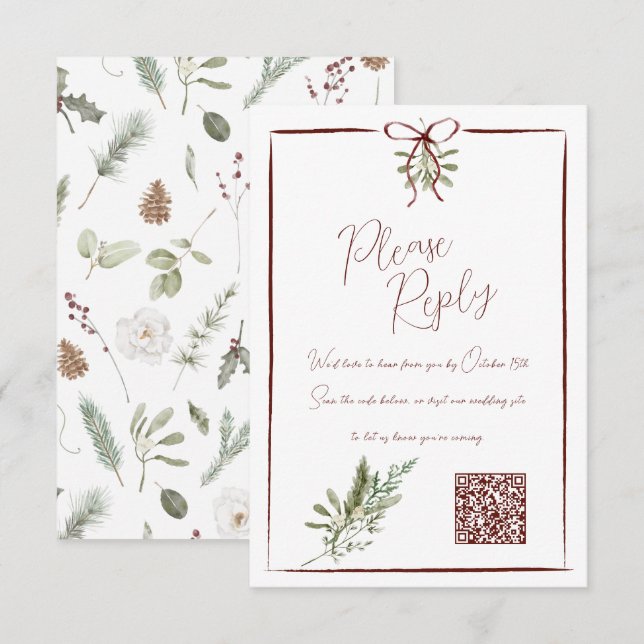 Rustic Red Hand Lettered Winter Wedding QR RSVP Card (Front/Back)