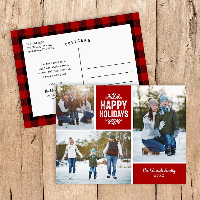Rustic Red Happy Holidays 3 Photo Collage Holiday Postcard (Creator Uploaded)