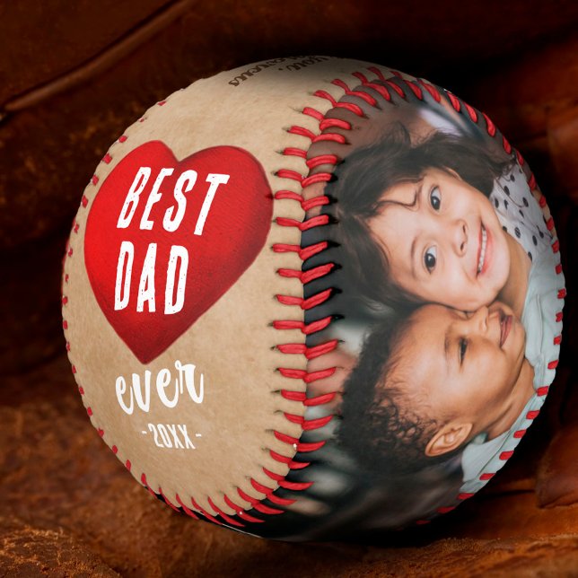 Rustic Red Heart Best Dad Ever 2 Photo Collage Baseball (Creator Uploaded)