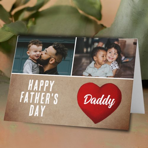 Rustic Red Heart Happy Fathers Day Daddy 2 Photo Card