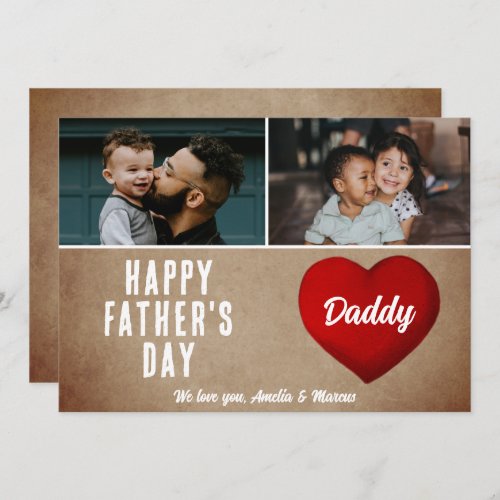 Rustic Red Heart Happy Fathers Day Daddy 2 Photo Card
