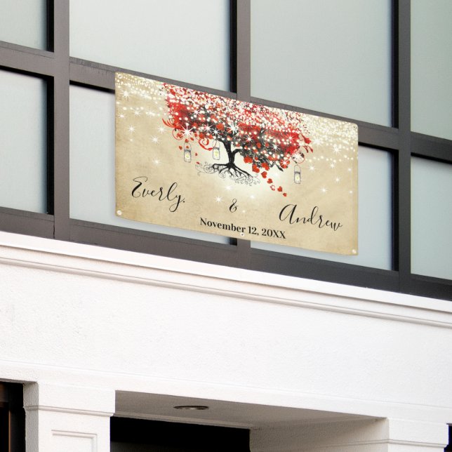 Rustic Red Heart Leaf Tree on Black Wedding  Banner (Outside Building)