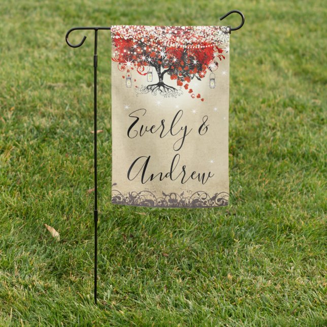 Rustic Red Heart Leaf Tree on Black Wedding Garden Flag (In SItu)