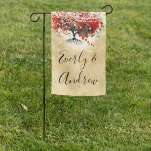 Rustic Red Heart Leaf Tree on Black Wedding Garden Flag