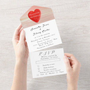 Rustic Red Heart Minimalist Simple Wedding Script All In One Invitation