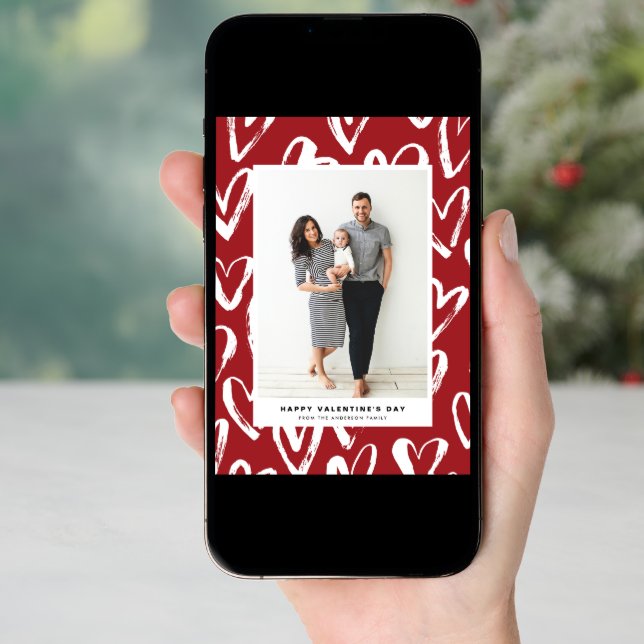 Rustic Red Hearts Pattern Happy Valentine's Day Holiday Card (Front Digital)