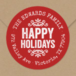 Rustic Red Holiday Circle Return Address Label<br><div class="desc">Affordable custom printed round return address stickers personalized with your family name and return address. This rustic modern holiday design features distressed HAPPY HOLIDAYS lettering on a red background. Use the design tools to choose any background color and edit text fonts and colors to further customize your own unique holiday...</div>