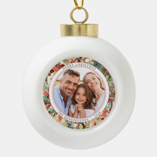 Rustic Red Holiday Floral Christmas Photo Ceramic  Ceramic Ball Christmas Ornament