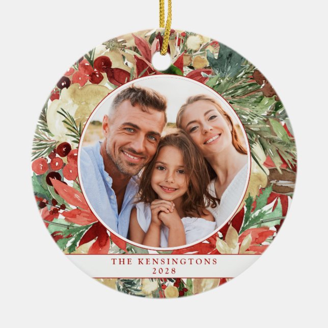 Rustic Red Holiday Floral Christmas Photo Ceramic  Ornament (Front)