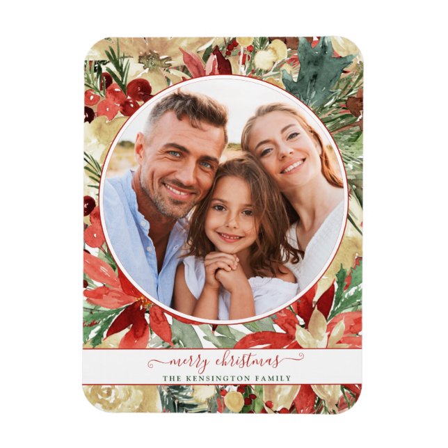 Rustic Red Holiday Floral Christmas Photo Magnet (Vertical)