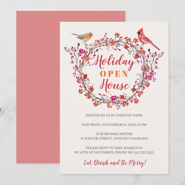 Rustic red holly berry wreath modern holiday party invitation (Front/Back)
