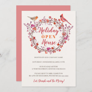 Rustic red holly berry wreath modern holiday party invitation