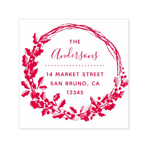 Rustic Red Holly Berry Wreath  Return Address Self_inking Stamp