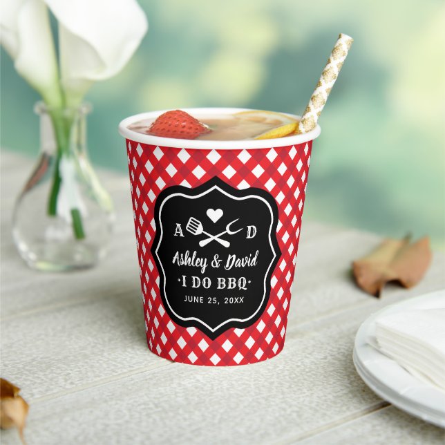 Rustic Red I Do BBQ Custom Wedding Monogram Paper Cups (Insitu)
