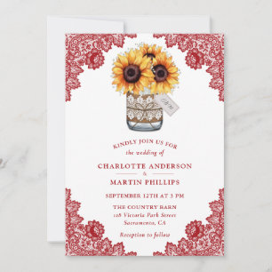 Rustic Red Lace Sunflower Wedding Invitation