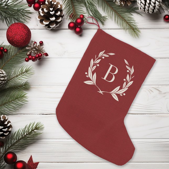 Rustic Red Laurel Wreath Monogram Small Christmas Stocking (Creator Uploaded)