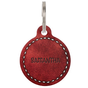 Rustic Red Leather Buckstitch Dog Cat Name Pet ID Tag