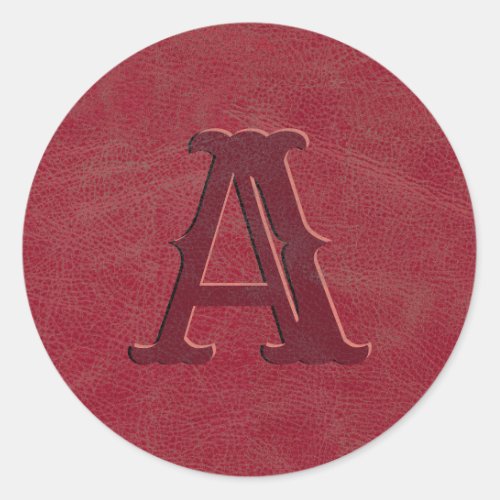 Rustic Red Leather Texture Monogram Initial Classic Round Sticker