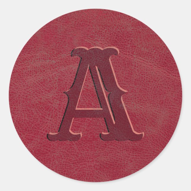 Rustic Red Leather Texture Monogram Initial Classic Round Sticker (Front)