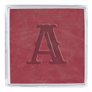 Rustic Red Leather Texture Monogram Initial Silver Finish Lapel Pin