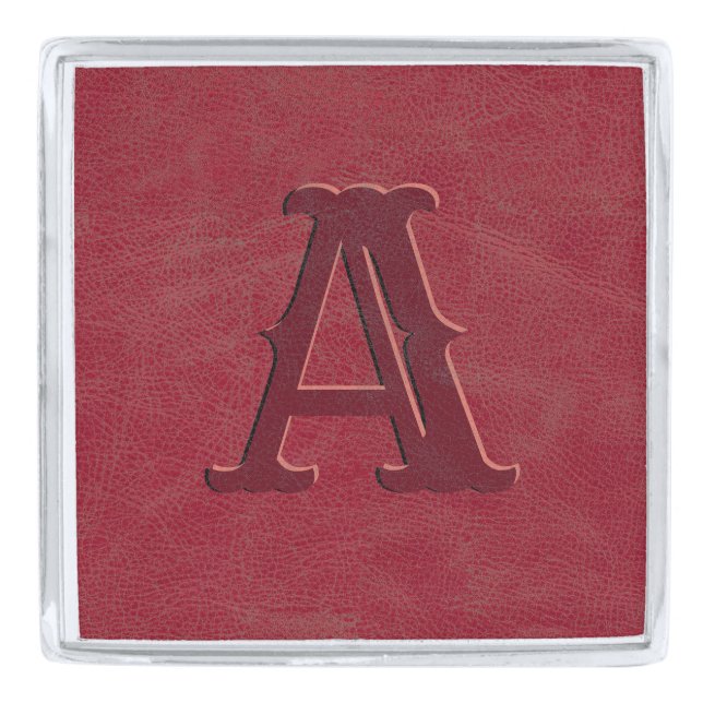 Rustic Red Leather Texture Monogram Initial Silver Finish Lapel Pin (Front)