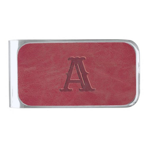 Rustic Red Leather Texture Monogram Initial Silver Finish Money Clip