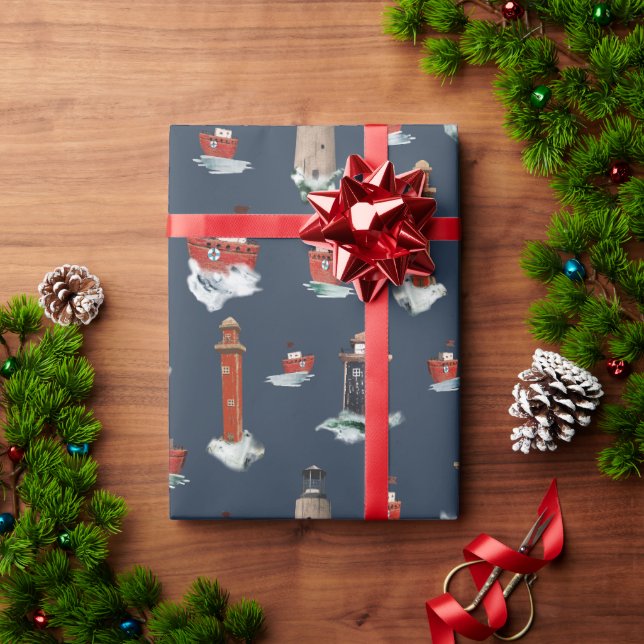 Rustic Red Lighthouses & Boats In Stormy Seas Wrapping Paper (Holiday Gift)