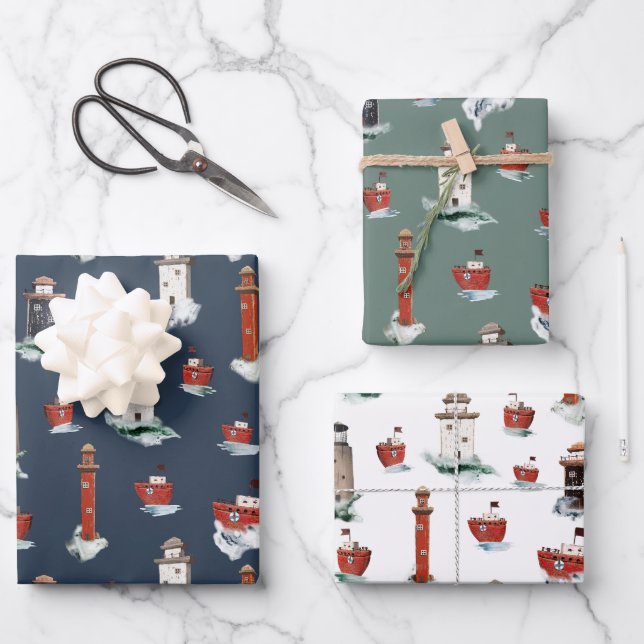 Rustic Red Lighthouses & Boats In Stormy Seas Wrapping Paper Sheets (Front)