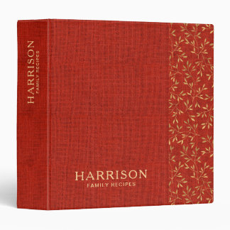 Rustic Red Linen Gold Botanical Family Recipe 3 Ring Binder
