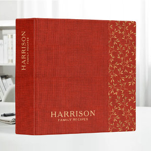 Rustic Red Linen Gold Botanical Family Recipe 3 Ring Binder