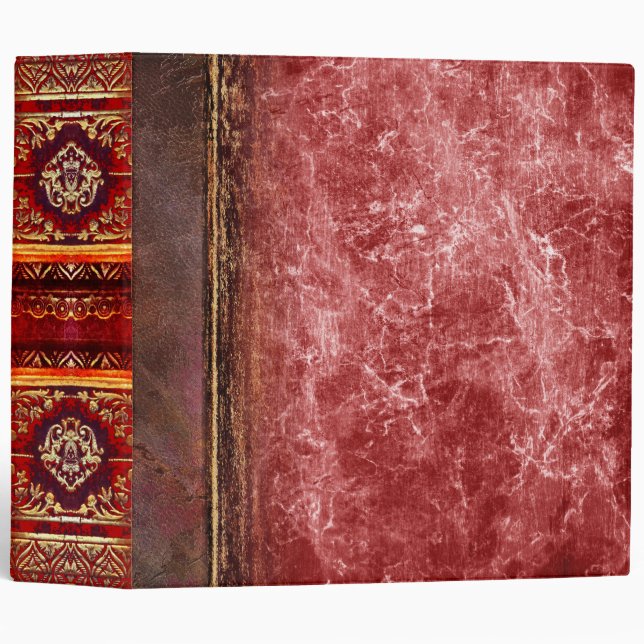 Rustic Red Marble and Faux Gilded Brown Leather 3 Ring Binder (Front/Spine)