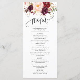 Rustic red marsala blush pink floral roses peonies menu