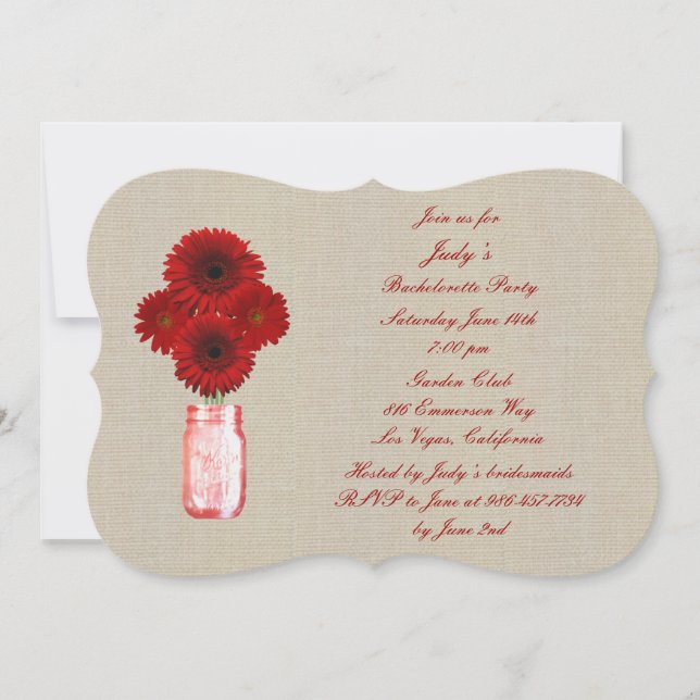 Rustic Red Mason Jar Bachelorette Party Invitation (Front)